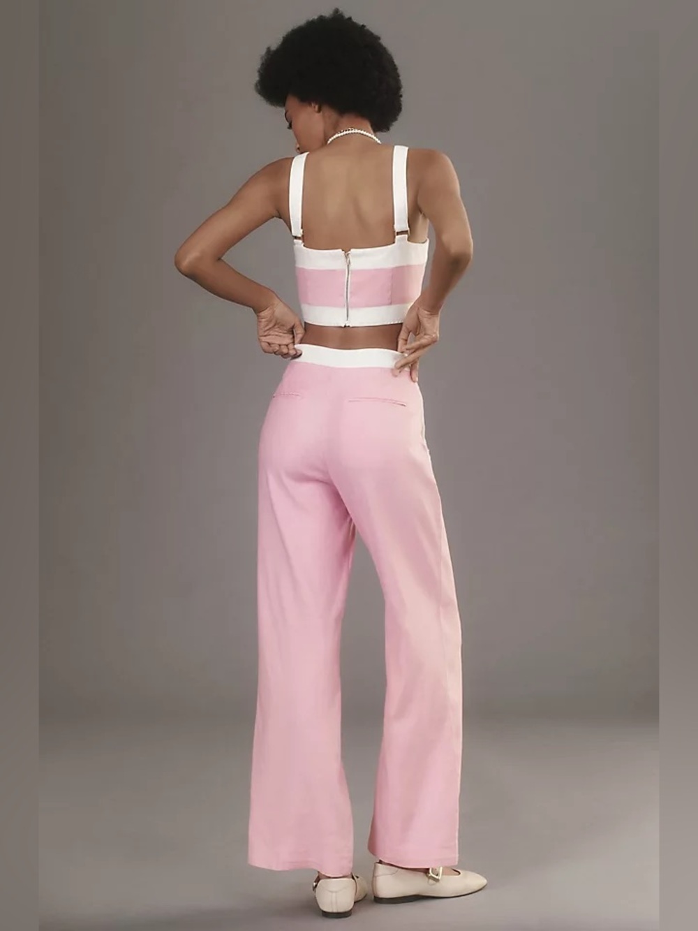 Anthropologie Maeve Square-Neck pink-white button Cropped Linen Tank Top - Picture 8 of 10